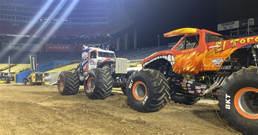 Monster trucks and motocross bikes team up for gravity-defying stunts at Bridgestone Arena