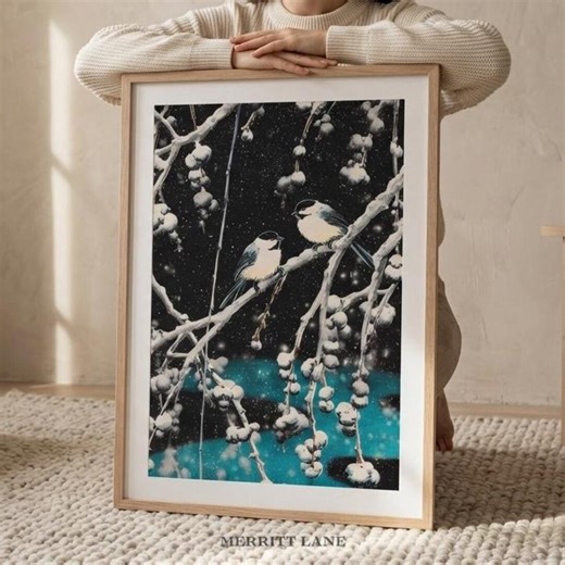Japanese Bird Print, Winter Bird Wall Art Printable, Digital Download, Snowy Branch Bird Poster, Japanese Nature Art Print, Teal Bird Decor