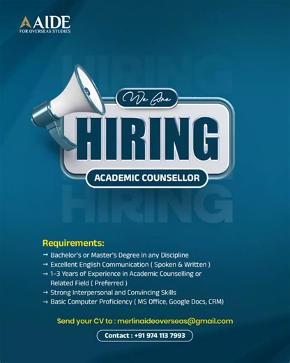 P 4 PANI on Instagram: "21/01/2026 Urgent Requirement – We’re Hiring! 🚨 Position: Academic Counsellor 📍 Location: Kochi, Coimbatore– Aide for Overseas Studies ✅ Required: 🔹Bachelor's or Master's degree in any discipline 🔹Excellent English communication (spoken & written) 🔹1–3 years of experience in academic counselling or related field (preferred) 🔹Strong interpersonal and convincing skills 🔹Basic computer proficiency (MS Office, Google Doc