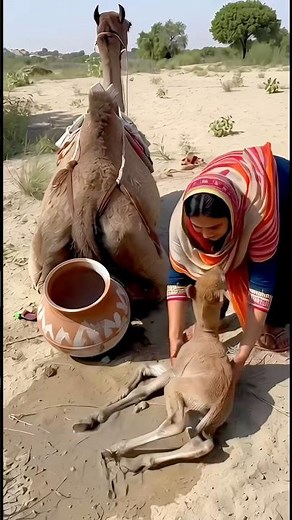 When the camel gave birth on the desert sand, a desert woman arrived to save the newborn calf.