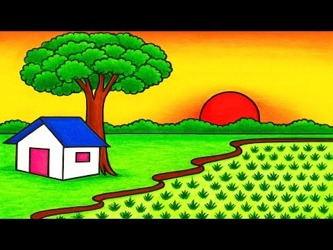 Paddy Field Scenery Drawing with Color Pencils Prakritik Drishya Art Drawing Lessons for Class 3