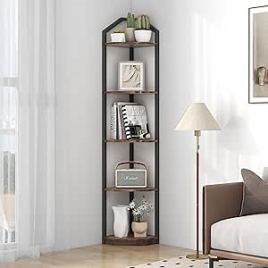 Fun Memories 5 Tier Corner Shelf, 70” Corner Shelf Stand, Corner Bookshelf Plant Stand, Storage Shelf for Bathroom, Living Room, Kitchen,Home Office, Brown