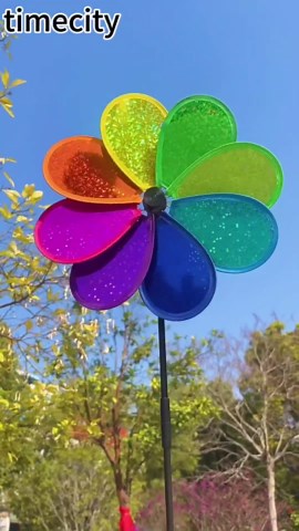 4PCS Flower Wind Spinner Sparkly Lawn Pinwheel 11.8 inch Colorful Rainbow Garden Windmill for Garden, Party, Outdoor, Yard Decor