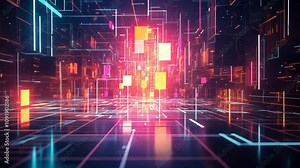 A complex yet visually appealing featuring a grid of colorful rectangles and lines representing a sophisticated digital network. Neon hues create depth and movement. Video