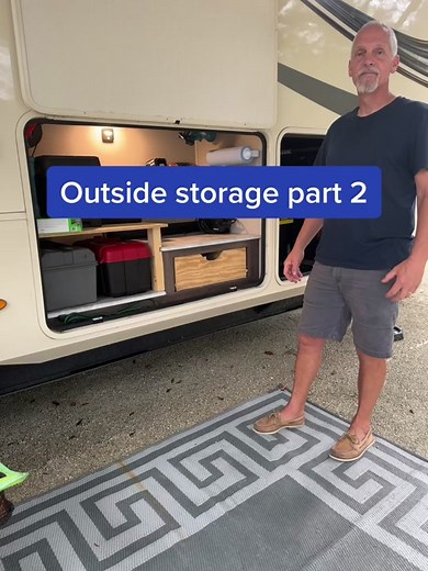 Outside storage part 2. Our rig came with an outside kitchen we thought we would use but after a year we realized we weren’t really using it. Over the summer I removed the refrigerator and griddle and added some sheving and a drawer to store tools and everyday items. #rvrenovation #rvtiktok #rvtips #rvtipsandtricks #rvtipsfornewbies #rvtipsforbeginners #rvtips101 #rvnewbies #rvmods #rvstorage #rvstoragehack #rvhacks #rvlifestyle #rvlivingfulltime #fulltimervliving #fyp #tinyhomeonwheels #rvbegin