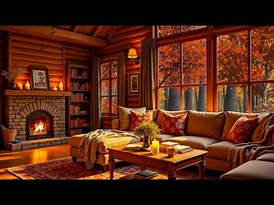 Fall Cabin Living Room 🍂 Warm Fireplace, Autumn Leaves & Soft Piano Music for Relaxation