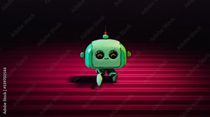 A tiny cute robot walks down the stairs with happy eyes.Seamless loop walk cycle