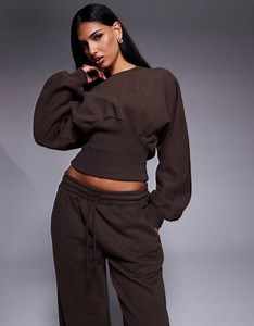 Kaiia exclusive cotton rich extreme oversized sleeve cinched waist sweatshirt co-ord in chocolate   | ASOS