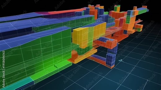 Colorful 3d mesh simulation heatmap model flythrough over grid.