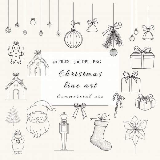 Christmas Line Art Drawings Png Bundle | Christmas Presents and Ornaments Clipart | Black and White Christmas | Minimalistic Decor Art - Etsy