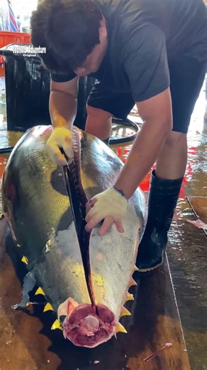 Precision otoro cut from giant bluefin tuna with razor sharp knife #Otoro #BluefinTuna #KnifeSkills