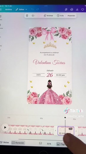Plantilla Editable para Invitación Rosa de Quinceañera