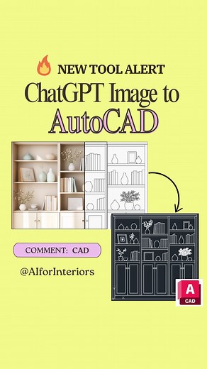 AI Strategy for Designers & Creatives || Tools + Coaching on Instagram: "🚀 ChatGPT turns Photos into AutoCAD Drawings – in Minutes! Comment “CAD” below and we’ll send you the full tutorial video! Discover how AI can help you skip hours of manual drafting? 👀 Learn how to convert simple images—like bookshelves, furniture, and tile patterns—into clean AutoCAD-ready DXF files using AI. You’ll discover: • How to create images and converte to a 2D line drawing • Step-by-step workflow: PNG ➡️ DXF ➡️