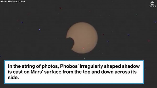 NASA's Perseverance rover captured images of Mars' moon, Phobos, traversing the sun and casting a shadow across the surface of the Red Planet in a partial solar eclipse. Phobos is the larger of Mars' two moons and orbits the desert planet three times a day, according to NASA. Read more: https://abcnews.go.com/International/solar-eclipse-mars-shows-planet-partially-covered-darkness/story?id=107202622 | ABC News