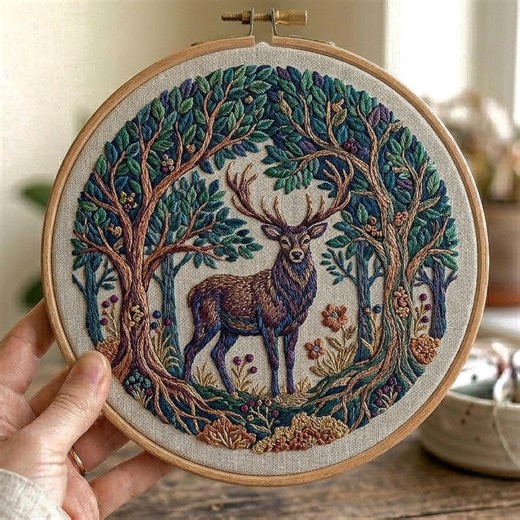 Forest Deer Embroidery Pattern, Woodland Animal Hoop Art, Vintage Nature Hand Embroidery PDF, Botanical Wildlife Design - Etsy
