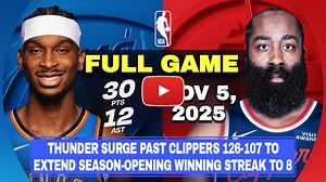 🎥 🔴 LIVE 🔴 | 2025-2026 NBA REGULAR SEASON GAMES | NOVEMBER 5, 2025 | ⛹🏀 LOS ANGELES CLIPPERS 🆚 OKLAHOMA CITY THUNDER Thunder surge past Clippers 126-107 to extend season-opening winning streak to 8 INGLEWOOD, Calif. (AP) Shai Gilgeous-Alexander had 30 points and 12 assists and the defending champion Oklahoma City Thunder extended their season-opening winning streak to eight games with a 126-107 victory over the Los Angeles Clippers on Tuesday night. Isaiah Joe added 22 points and Cason Wall