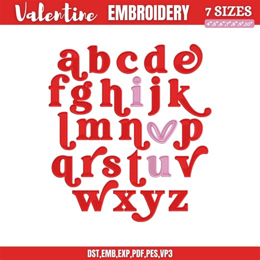 Valentine Alphabet Embroidery Font Design, A to Z Alphabet Embroidery, Fonts Embroidery, Instant Download, 7 Sizes - Etsy