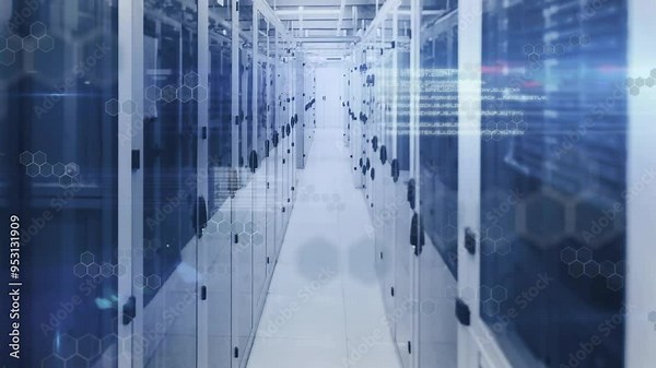Hexagonal patterns and data streams animation over server racks in data center