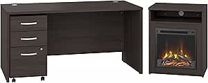 Bush Business Furniture Studio C 60W x 30D Desk with 3 Drawer Mobile File Cabinet and 24W Electric Fireplace with Shelf in Storm Gray