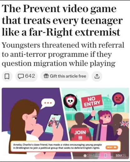 Pathways is an interactive game designed for 11- to 18-year-old pupils and funded by Prevent, a Home Office programme for tackling extremism. Young players are directed to help their in-game characters – a white teenage boy and girl – to avoid being reported for “extreme Right-wing ideology” after discussing migration online. Characters can face extremism referrals if they choose to engage with groups that spread “harmful ideological messages”, or join protests against the “erosion of British va