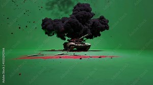 Close up 3D visualisation of Military tank explosion on green screen chroma-key background