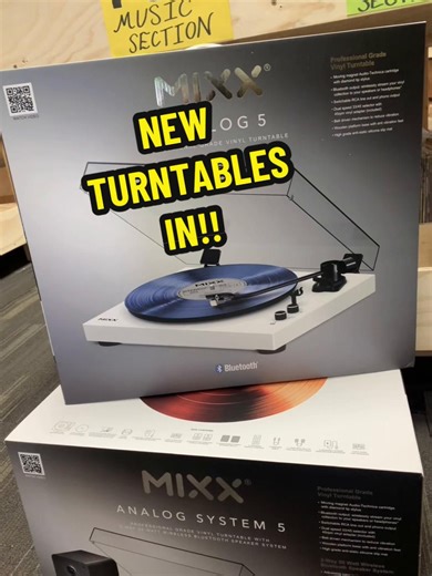 New MIXX record players in today!! Come on down and get yours🔊🖤 •- MIXX Revival 65 Vinyl Record Player with Bluetooth Input & Output, Built-in Stereo Speakers, Audio-Technica Cartridge, Belt-Driven Turntable, Portable Design, Wireless Streaming, and Bluetooth Headphone Compatibility for Premium Sound Quality. •- MIXX Analog 5 Vinyl Record Player with Bluetooth Output, RCA & Line-Out Connections, Adjustable Speed Settings, Premium Cartridge, Belt-Driven Turntable, Classic Analog Sound, and Mode