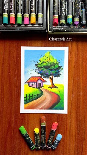Easy Oil Pastel Drawing🎨 #youtubeshorts #art #champakart #artwork