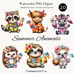 Cute Summer Animals PNG Clipart – Watercolor Tropical Animals in Hawaiian Shirts, Digital Download, Commercial Use, Summer Party Decor - Etsy