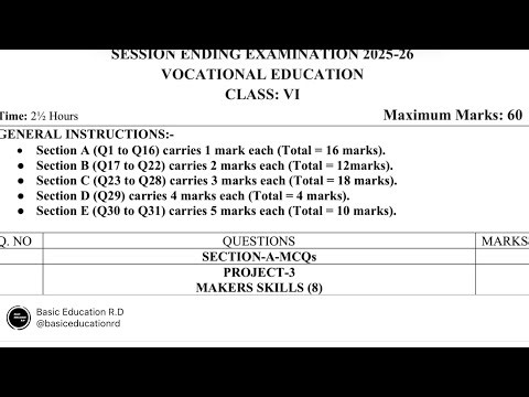 Class 6, Vocational Education, Session ending exam 2025-26 Sample paper solution with explanation