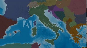 Veneto, region of Italy, with its capital, localized, outlined and zoomed with informative overlays on a administrative map in the Stereographic projection. Animation 3D