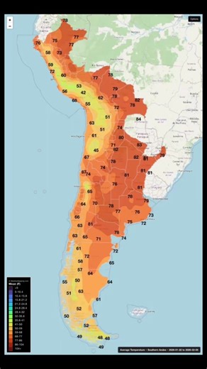The mean temperature (F) for the ‘Southern Andies’ from northern #peru alllll the way to the southern tip of #chile #weather #map #temperature 🌎🌡️ | WeatherMapping