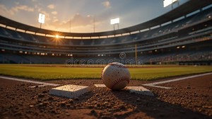 Baseball Stadium at Sunset with Home Plate and Ball Stock Footage - Video of bases, dusk: 439130514