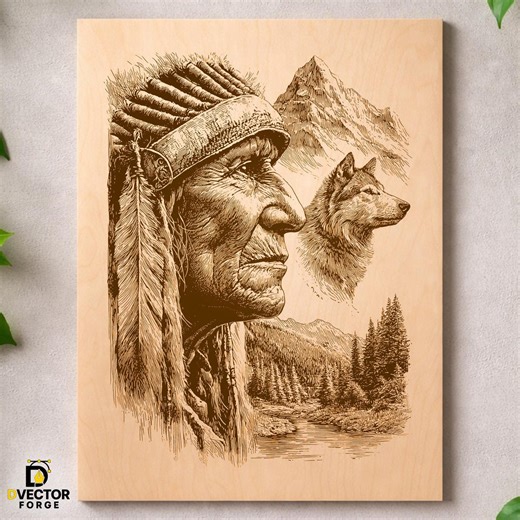 Native American Wolf Double Exposure Engraving Art Digital Download - Etsy
