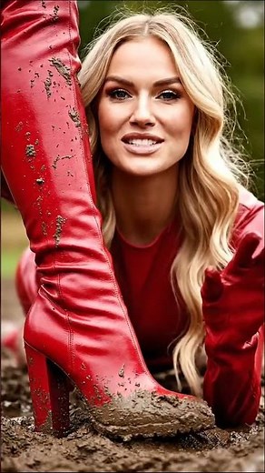 👢❤️ AI Blonde in Red Thigh High Boots Covered in Mud | Cinematic Boots in Mud #highheels #bootsinmud