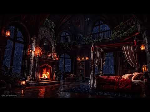Dark Cozy Castle Bedroom With Fireplace, Thunder & Rain Sounds
