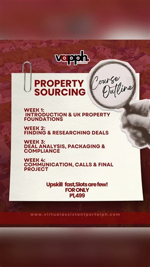 𝐑𝐞𝐚𝐝𝐲 𝐭𝐨 𝐓𝐮𝐫𝐧 𝐔𝐊 𝐏𝐫𝐨𝐩𝐞𝐫𝐭𝐢𝐞𝐬 𝐢𝐧𝐭𝐨 𝐏𝐫𝐨𝐟𝐢𝐭? Master the art of Property Sourcing in just 4 weeks — from finding golden deals to packaging them like a real estate pro! 📘 What You’ll Learn: 🏠 Week 1 – UK Property Foundations 🔍 Week 2 – Finding & Researching Deals 📊 Week 3 – Deal Analysis, Packaging & Compliance 📞 Week 4 – Communication, Calls & Final Project 🎯 Course Starts: November 8, 2025 💸 Enrollment Fee: ₱1,499 📍 Limited slots available — secure yours now!