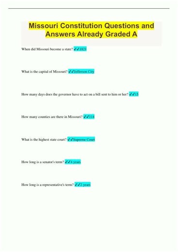Missouri Constitution Questions and Answers Already Graded A797