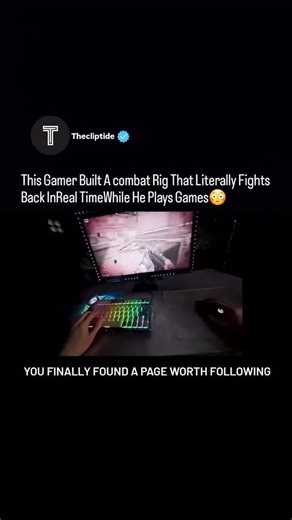 Thecliptide on Instagram: "Most gamers chase immersion. This guy built a system that makes you feel every blast, and storm in real time. He engineered a full 4D combat rig that converts live game data into real physical reactions. When an enemy fires at him on screen, a pneumatic arm on his desk fires back with the same timing and direction, forcing him to dodge and fight for control just like he would in real combat.🎮⚡️ If his character gets hit, heavy solenoids slam the desk with the force of