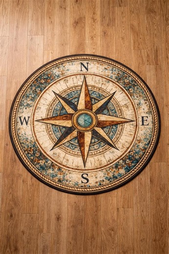 Compass Rose Round Area Rug, Nautical Vintage Compass Rug, Coastal Home Decor, Boho Living Room Rug, Non Slip Round Rug - Etsy