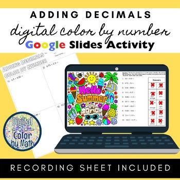 Digital Color by Number: Adding Decimals - End of Year - Summer Theme