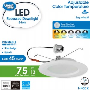 Great Value 6" LED 13W (75W Equivalent) Adjustable Color Temperature Color Selectable E26 Medium Base Retrofit Downlight