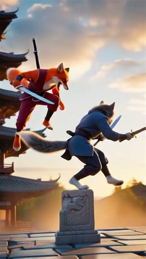 Fox vs Wolf: Epic Sword Battle on a Temple Roof!