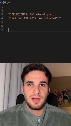 Arnau | Programación en Python on Instagram: "💰 ¡Calcula el PRECIO FINAL con IVA en un solo clic! 😮 Aprende funciones #Python Este código rápido te enseñará a aplicar el IVA del 21% automáticamente usando una función con parámetro por defecto. Es un ejemplo práctico que mezcla economía y programación. ¡Perfecto para tus primeros scripts útiles! #python #programacion #iva #funciones #aprendizaje #principiantes #retopython"