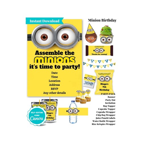 Minions Birthday Party Bundle: Editable Invitation, Chip Bag and Chocolate Wrapper, Water Bottle Label, Cupcake, Bag Topper, Party Hat Decor - Etsy Canada