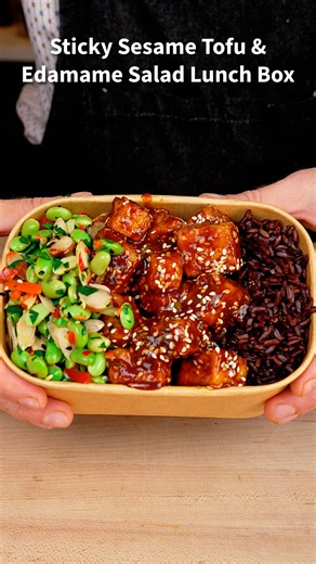 Meal Prep: Sticky Sesame Tofu Bowls Full written recipe with macros, metric measurements, a grocery list, and more can be found at the link in my bio. This week I’m back with a vegan lunch box for ya; crispy tofu gets tossed in a sticky sesame glaze and then served up with a tingly edamame salad and some forbidden rice. The real star is the stir fry sauce here; it’s garlicky, ginger-y, a little sweet, a little tangy, and it’s just one of those recipes that’s great to have tucked in your back poc
