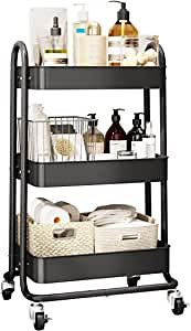 Rolling Cart, 3 Tier Rolling Cart with Wheels Mobile Metal Storage Organizer Shelf Service Cart Easy Assembly for Laundry Kitchen Office Bathroom, Cool Black