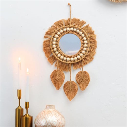 Round Boho Macrame Wall Mirror With Beads & Sunburst Fringe, Hanging Leaves, Chic Beige Decor for Bedroom or Living Room - Etsy