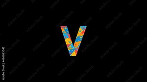Letter V. Animated unique font made of circles and triangles, polygons. Geometric mosaic bright colors. Letter V for icons, logos, interface elements. Alpha channel transparent background, 4K