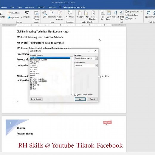 How to insert date and time in ms word | MS Word 2019 Tutorial