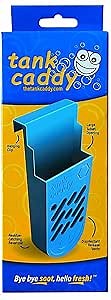 The Tank Caddy is a carrier that hangs inside your toilet tank, while trapping the soot that remains as blue and bleach tablets dissolve.